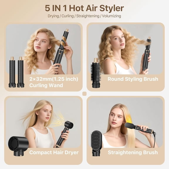 5-in-1 Hot Air Styler Brush Set with Auto Curlers, 800W Hair Dryer Comb for Straightening Volumizing
