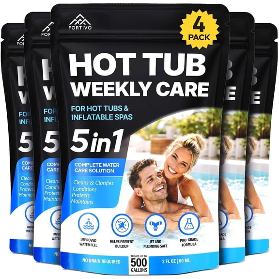 5-in-1 Hot Tub Weekly Care - Water Clarifier and Conditioner for Sparkling Soft Spa Water, Safe on Hot Tub Surfaces and Components, for Acrylic, Inflatable, Portable, Hard Shell Spas - 4 Pouches