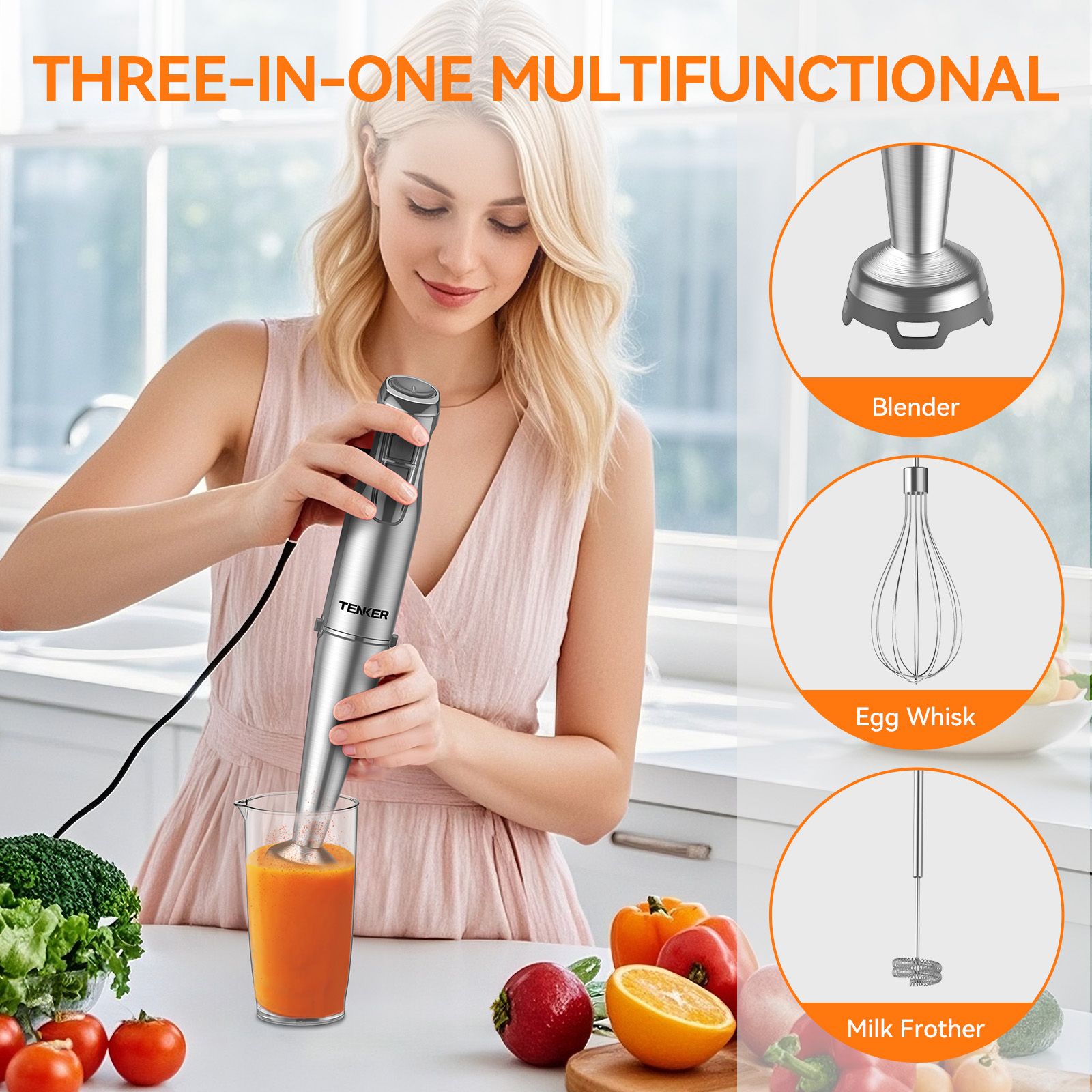 5-in-1 Immersion Hand Blender 1100W - 12 Speed + Turbo Stainless Steel Stick Blender with 600ml Beaker 500ml Chopper Whisk Milk Frother BPA-Free for Kitchen