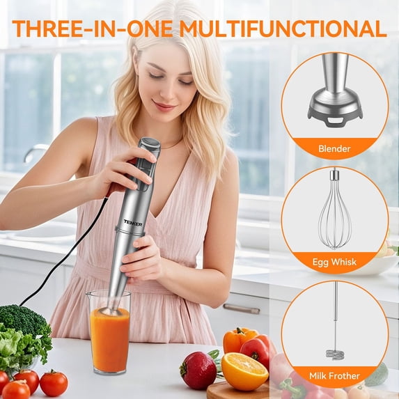 5-in-1 Immersion Hand Blender 1100W - 12 Speed + Turbo Stainless Steel Stick Blender with 600ml Beaker 500ml Chopper Whisk Milk Frother BPA-Free for Kitchen