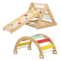 5-in-1 Indoor Climbing Gym Set - Waldorf and Montessori Climbing Set with Triangle Ladder, Climbing Ramp, Arch Climber, Rocker, and Slide - Montessori Toys for Children 18mo to 7yr (Natural)