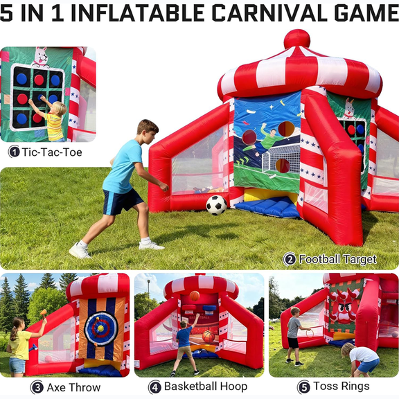 5 in 1 Inflatable Carnival Game 6m x 6m x 4m Giant Oxford Cloth Inflatable Game Center Tic Tac Toe/Axe Throw/Basketball for Carnival Event