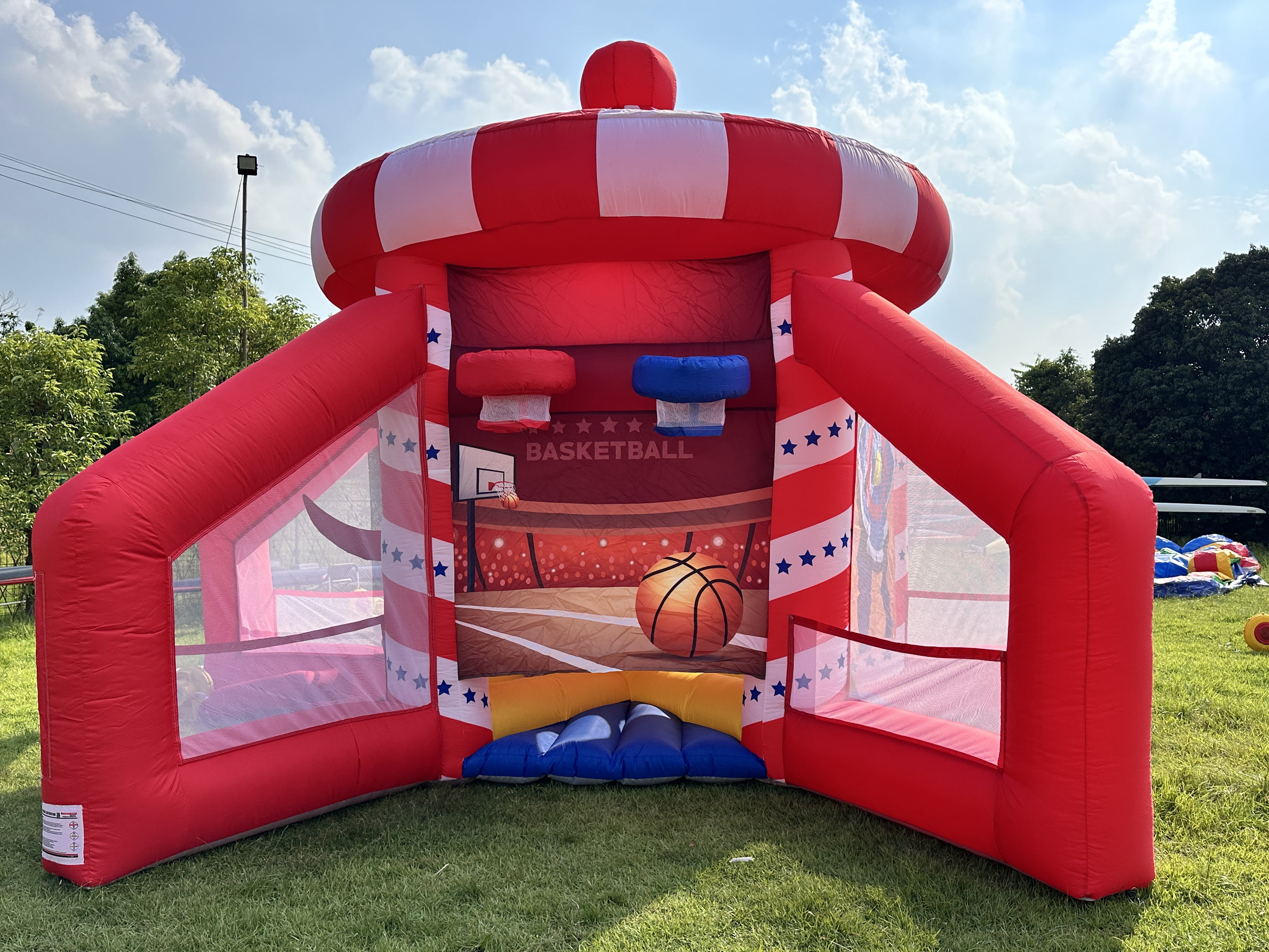 5-in-1 Inflatable Carnival Game House with Basketball Hoop, Soccer Goal, Target Toss & Dart Board for Kids Parties