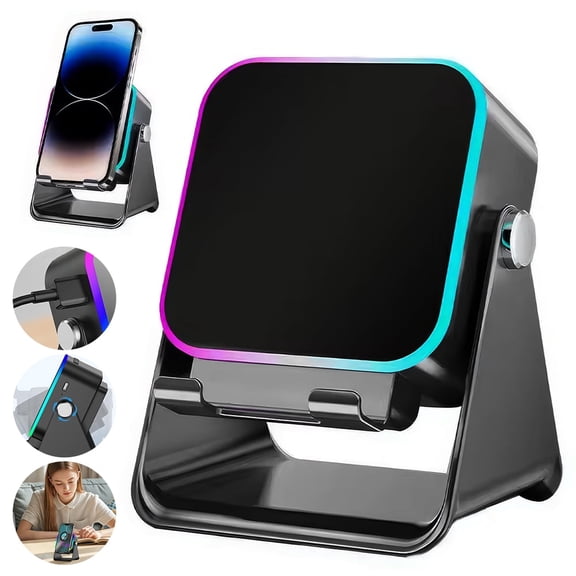 5-in-1 Innovative Induction with Bluetooth 5.3 Speaker, 3500mAh Rechargeable 360 Adjustable Phone Stand, 8 RGB Ambient Light Hi-Fi Stereo Sound, Portable Amplifier Dock