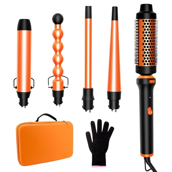 5-in-1 Interchangeable Curling Wand Set with Heated Round Brush, Professional Ceramic Barrel Kit for Curls, Waves & Volume, Includes Travel Case (Orange)