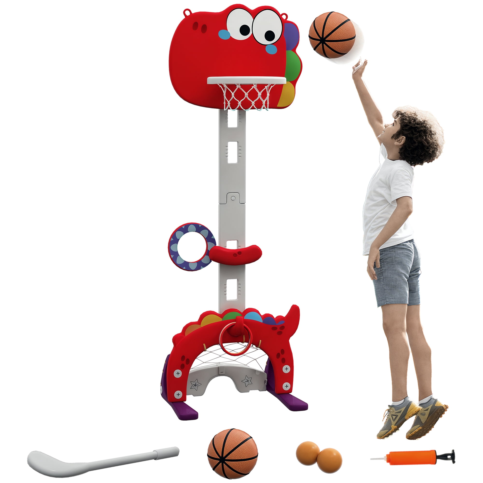5-in-1 Kids Basketball Hoop, Toddler Sports Activity Center, 5 Level Adjustable Height Basketball Goal with Soccer, Golf, Ring Toss & Throw Ball Game for Boys Girls 3-6 Years Indoor, Red