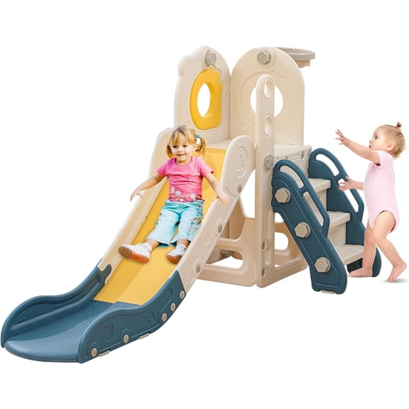 5 in 1 Kids Indoor Freestanding Toddler Slide Playset for Toddlers 1-3 L Shaped with Basketball Hoop Blue