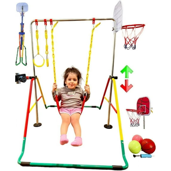 5-in-1 Kids Jungle Gym Set with Adjustable Monkey Bar, Deluxe Swing, Trapeze Rings, Basketball Net, Expandable Kip Bar - Playground Fun with Accessories