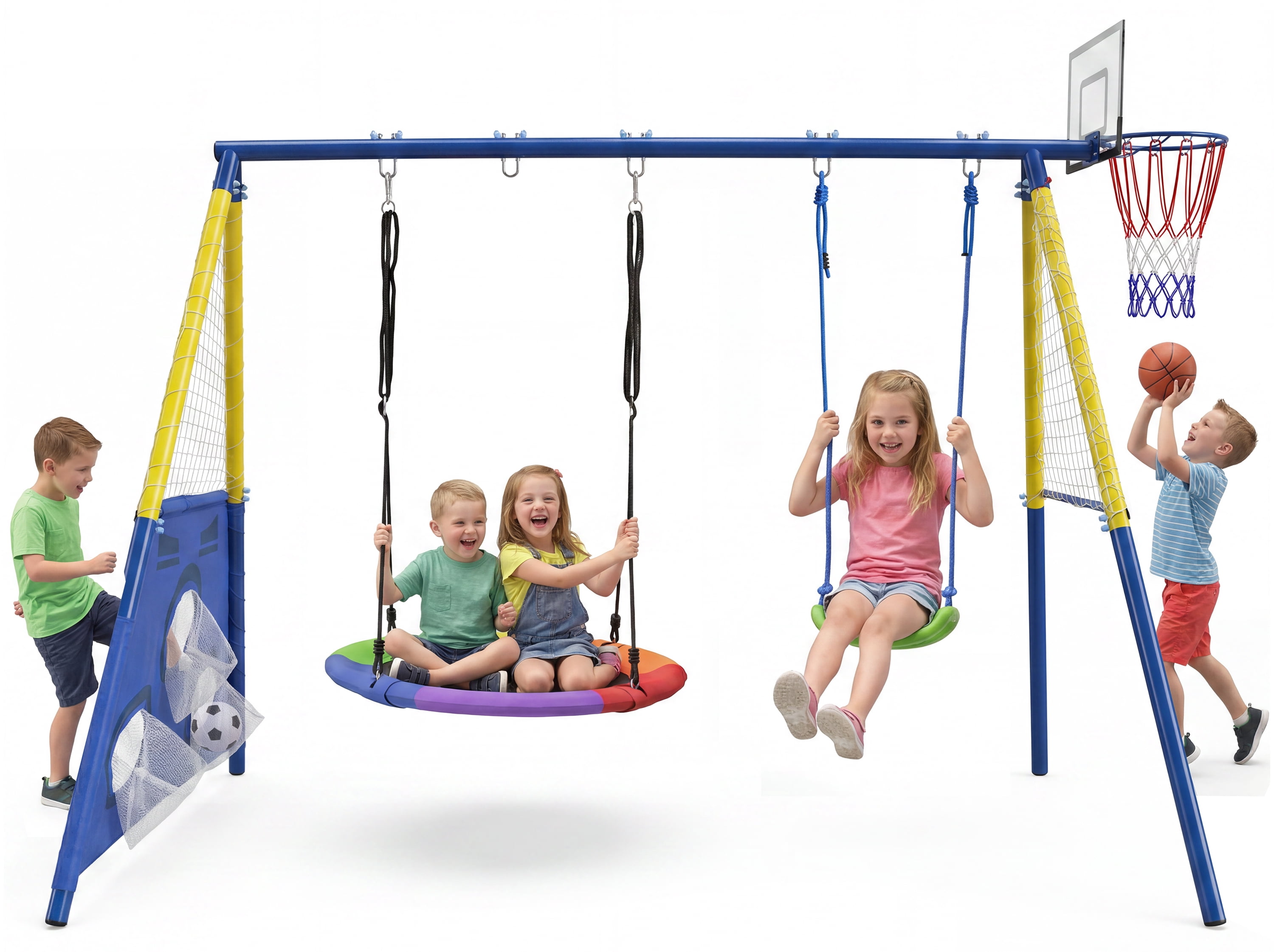 5-in-1 Kids Metal Swing Set with 2-Person Saucer Swing, Belt Swing, Basketball Hoop & Soccer Goal, Heavy Duty 600 LBS Backyard Playground for Toddlers Children Ages 3-10