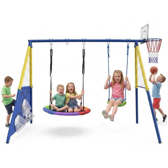 5-in-1 Kids Swing Set with Saucer Swing, Belt Swing, Basketball Hoop & Soccer Goal, Heavy Duty Metal Frame Backyard Playground for Toddlers & Kids Ages 3-10
