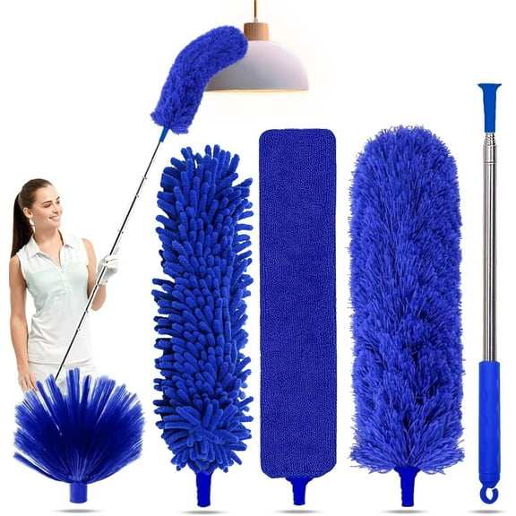 5-in-1 Kit Dusters for Cleaning, Duster with Extension Pole, Extendable Duster with 100 Inches, Microfiber Dusters, Webster Cobweb Duster for Cleaning Ceiling Fans, Furniture, Blinds - Blue