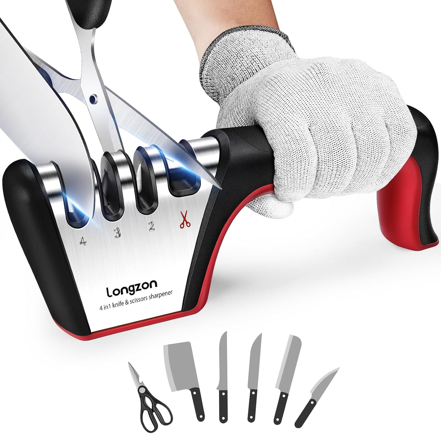 5-in-1 Knife Sharpener [4 Stage] with a Pair of Cut-Resistant Glove, Original Premium Polish Blades, Best Kitchen Knife Sharpener Really Works for Fruit and Steel Knives, Scissors-Black+Red