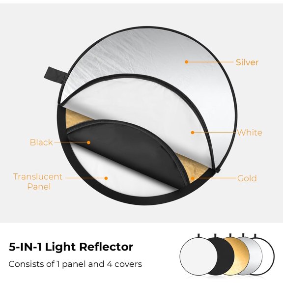 5-in-1 Light Reflector 32"(80cm) Photography Diffuser Collapsible Portable for Studio and Outdoor Lighting Gold Silver White Black Translucent
