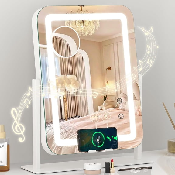 5-in-1 Lighted Mirror with Speaker & , 15"x12" LED Makeup Mirror with Lights 3 Colors Dimmable, Phone Holder 10X Magnification