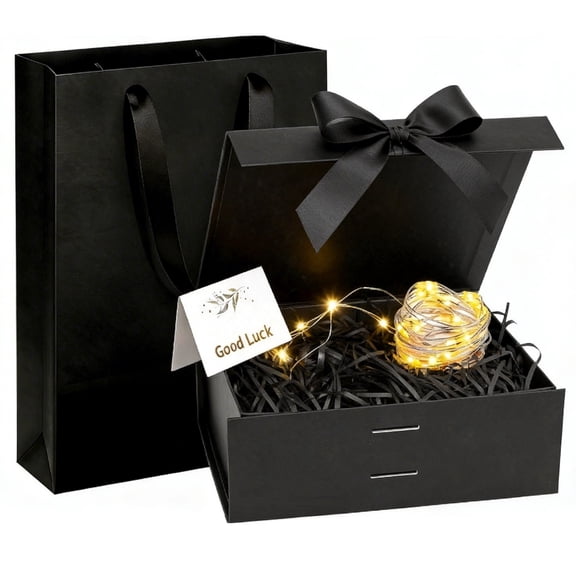 5-in-1 Luxury Gift Box with Lid and Ribbon 9 x 7 x 3'' Mother's Day Gift Box with Light String and Greeting Card Tissue Paper for Father's Day Wedding Birthday Party Present Supplies