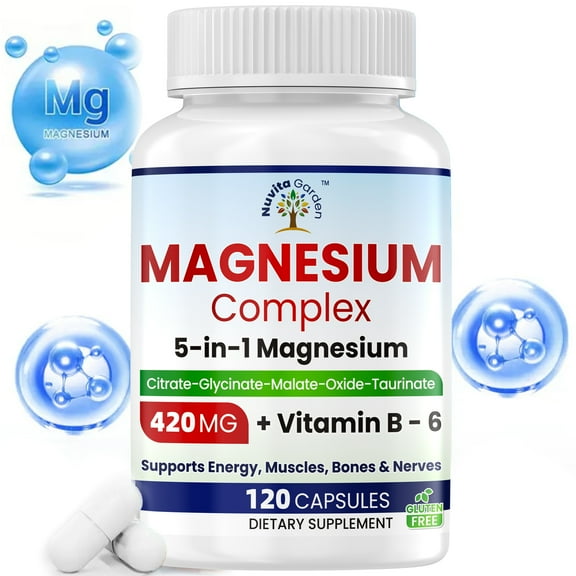 5-in-1 Magnesium Complex Capsules - 420mg of Magnesium Glycinate, Malate, Citrate, Taurinate & Oxide for Muscles, Sleep, Calm, & Energy, 120 Capsules