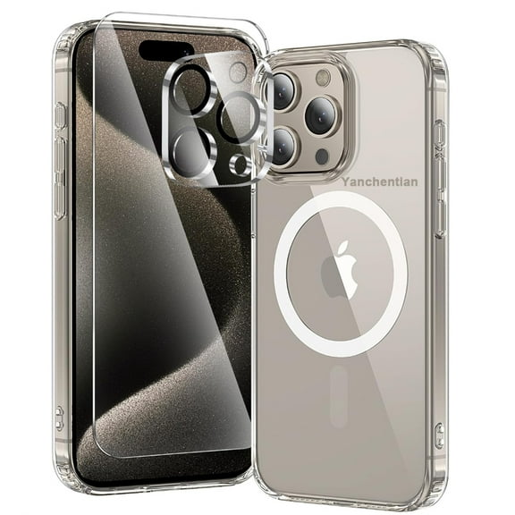 5 in 1 Magnetic Case for iPhone 15 Pro, 2 Glass Screen Protector +2 Camera Protector -Clear Case