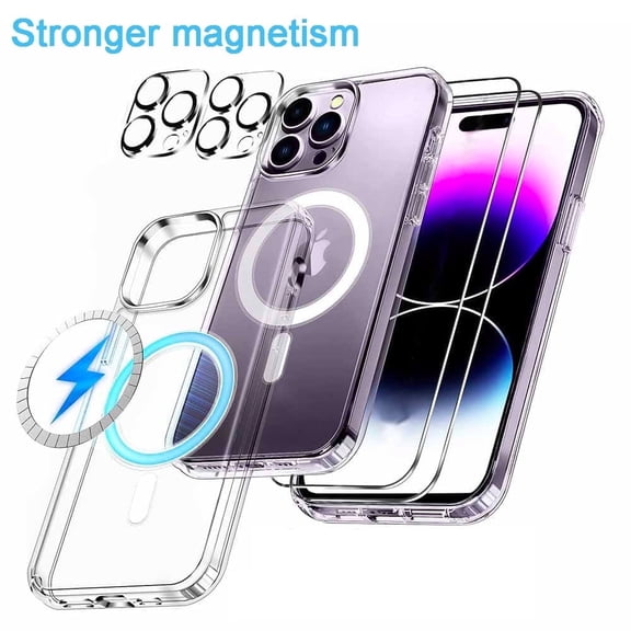 5 in 1 Magnetic Phone Case for iPhone 15 Pro Max, 2 Pack Tempered Screen Protector +2 Camera Lens Protector,Clear