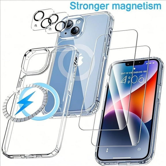 5 in 1 Magnetic Clear Case for iPhone 15 Plus, 2 Pack Glass Screen Protector +2 Camera Lens Protector