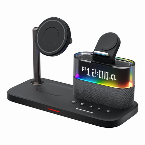 5 in 1 Magnetic Wireless Charger Stand LED Night Light Alarm Clock Fast Charging Station Black,1 x Charging Station,Black