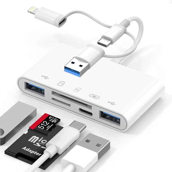 5-in-1 Memory Card Reader, USB OTG Adapter & SD Card Reader for iPhone iPad, Type C/Lightning/USB A with 5 Slots of PD 60W/Dual USB/TF/SD Card, Camera Adapter Supports SD/Micro SD/SDHC/SDXC/MMC