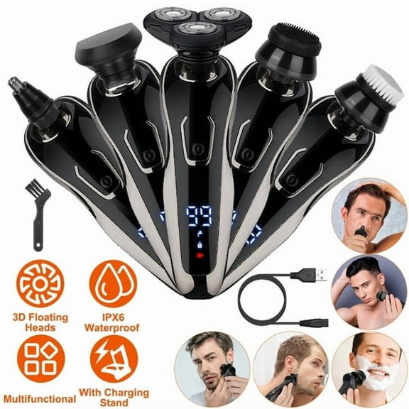 5-in-1 Men's Grooming Kit w/ 3D Rotary Shaver, Nose Trimmer, Facial Brush, Precision Trimmer & Sponge - Black, IPX6 Waterproof, USB Rechargeable, Travel Ready
