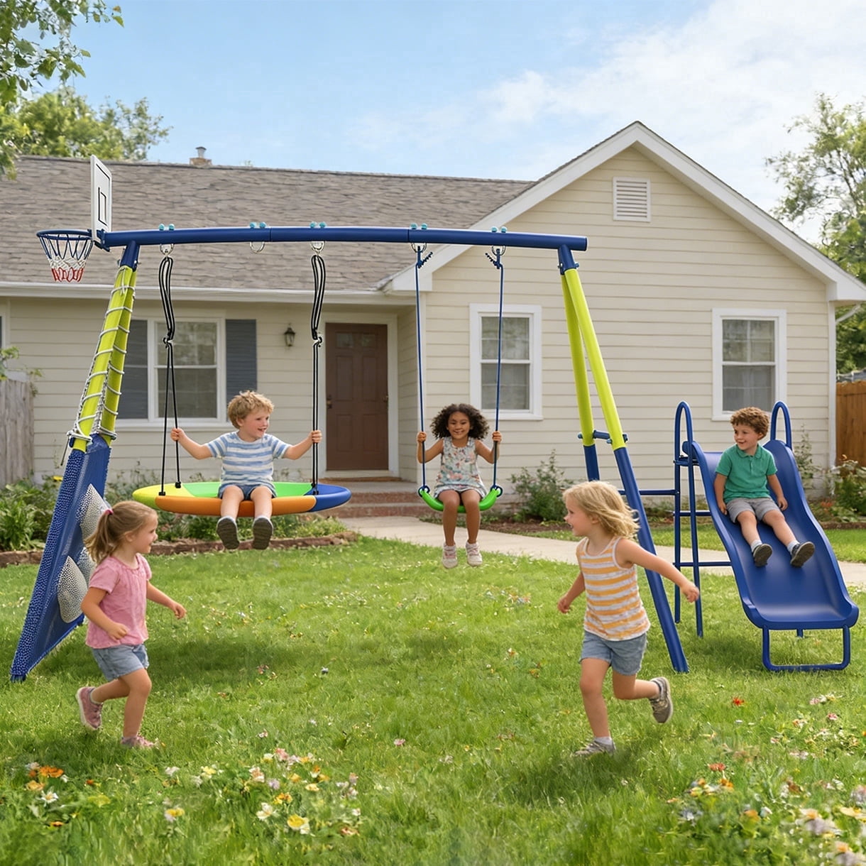 Shengchao Trade Metal Kids Swing Set with Heavy Duty Outdoor a-Frame, 2 Swings