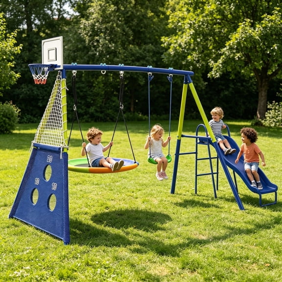5-in-1 Metal Swing Set for Backyard, Kids Outdoor Playground Playset with Slide, Saucer & Single Belt Swings, Basketball Hoop + Soccer Goal, Heavy Duty A-Frame for Ages 3–10