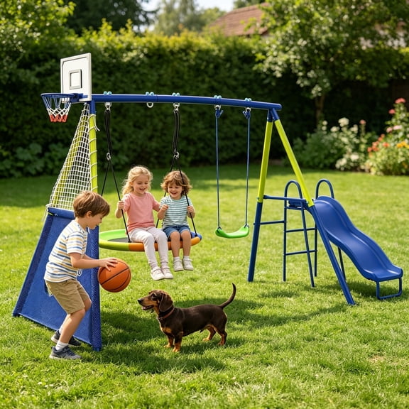 5-in-1 Metal Swing Set for Backyard, Kids Outdoor Playground Playset with Slide, Saucer & Single Belt Swings, Basketball Hoop + Soccer Goal, Heavy Duty A-Frame for Ages 3–10