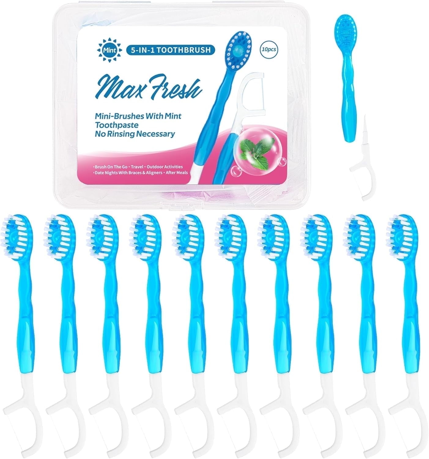 5 in 1 Mini Disposable Toothbrushes with Toothpastefor Work Travel Individually Wrapped 10pcs Mint