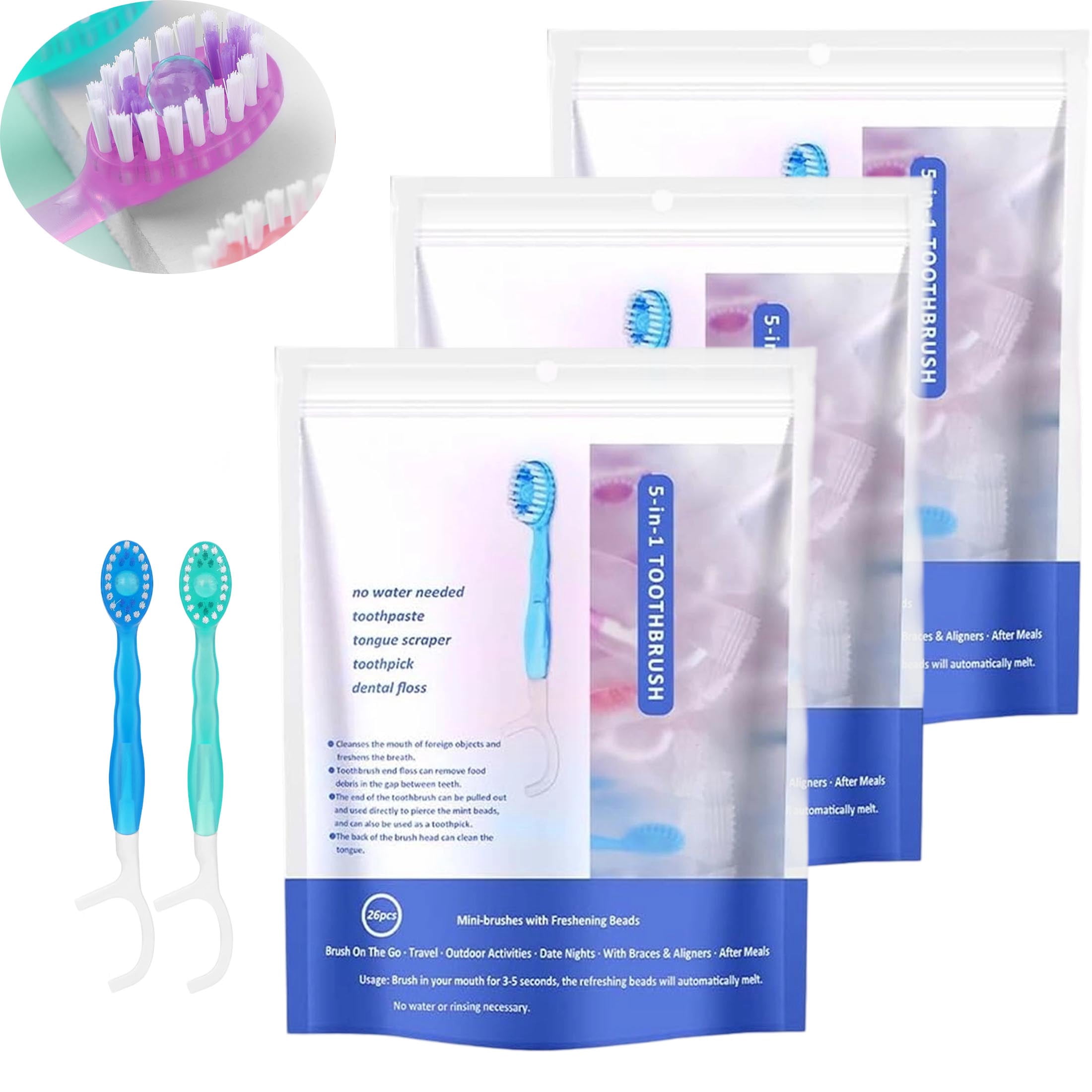 5-in-1 Mini Toothbrush & Floss – Compact Travel Dental Care with Toothpick, Tongue Cleaner & Case |,Portable Oral Hygiene Kit for Adults & Kids
