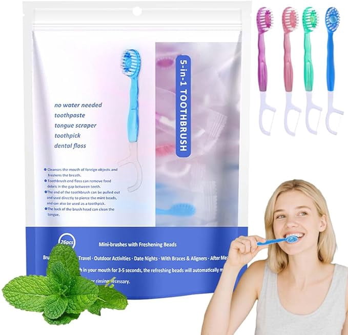 5-in-1 Mini Toothbrush & Floss,On The Go Toothbrush Disposable, Floss & Tongue Scraper & Toothpick Set, Portable Oral Care for Travel Work