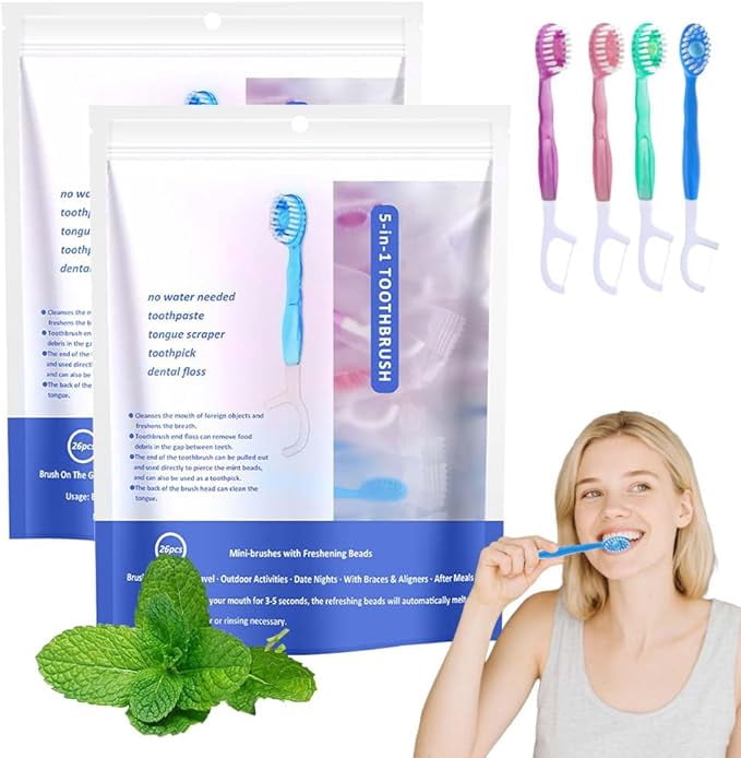 5-in-1 Mini Toothbrush & Floss,On The Go Toothbrush Disposable, Floss & Tongue Scraper & Toothpick Set, Portable Oral Care for Travel Work