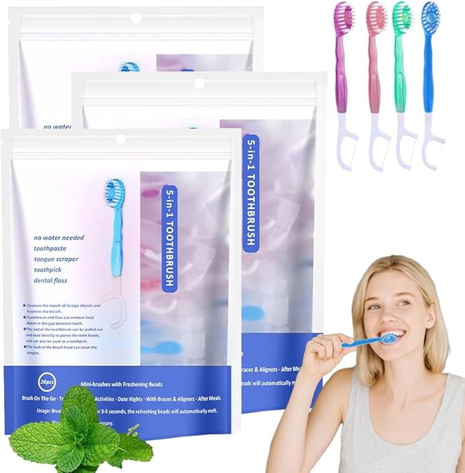 5-in-1 Mini Toothbrush & Floss,On The Go Toothbrush Disposable, Floss & Tongue Scraper & Toothpick Set, Portable Oral Care for Travel Work