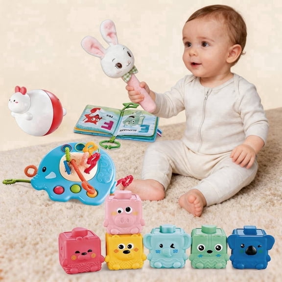 5-in-1 Montessori Baby Sensory Toy Set with Rattle & Stacking Blocks