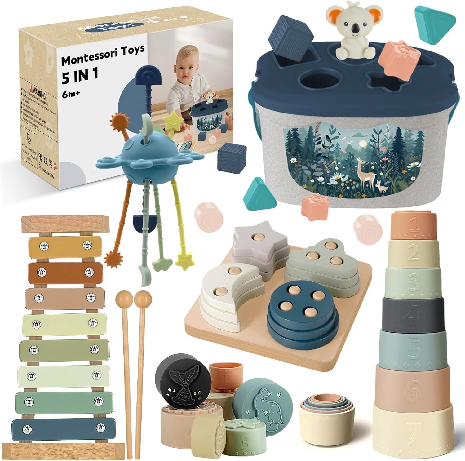 5-in-1 Montessori Baby Toy Set for 6-12 Months, Shape Sorter, Stacking Rings, Soft Blocks, Wooden Activity Toy and Xylophone, Sensory Development and Educational Gift for Infants and Toddlers