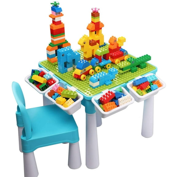5-in-1 Multi Activity Play Table Set with Storage Includes 1 Chair and 128 Pieces Compatible Large Bricks Building Blocks for Kids Ages 2 and Up, Blue