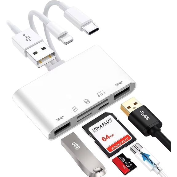 5-in-1 Multi Card Reader, 3-in-1 USB/USB-C/Lightning Adapter, High Speed SD/TF Card Reader with Dual USB Ports, Plug and Play for iPhone, iPad, Android & PC