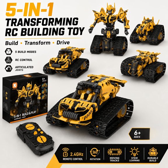 5-in-1 Multi-Form Transforming TrackedRobot Building Kit, Remote & App Controlled, Rechargeable Engineering Learning DIY Coding Toy, Educational Building Blocks