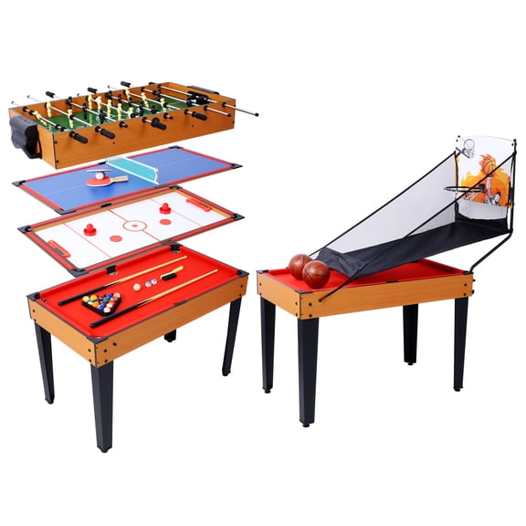 5-in-1 Multi-Game Table - Billiards, Push Hockey, Foosball, Ping Pong, and Basketball brown/red,