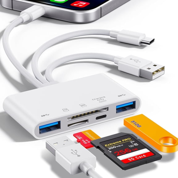 5-in-1 Multi-Port SD Card Reader with USB/Type-C/Lightning, OTG Adapter for iPhone iPad Android Camera PC