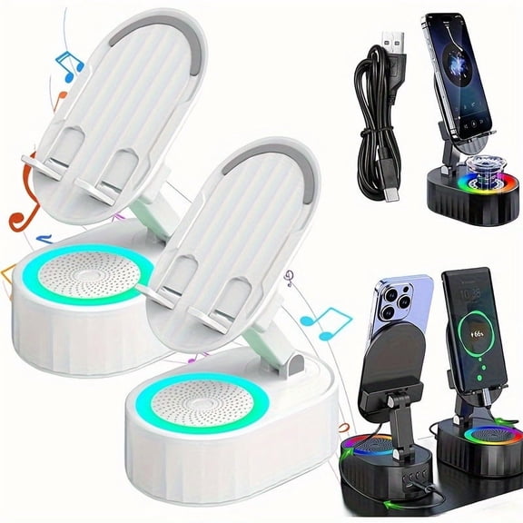 5-in-1 Multifunctional Cell Phone Holder Speaker - 3000mAh Emergency Induction Charging, Wireless Audio, 300° Color Ambient Light, Foldable for Phones/Tablets, Compact Durable, Unique Gift