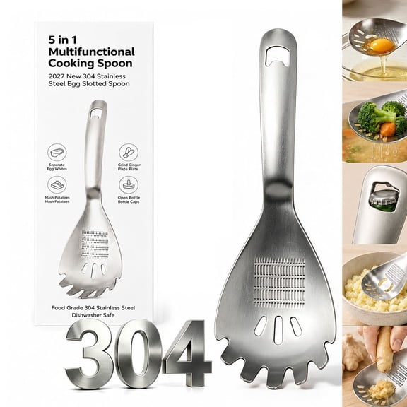 5-in-1 Multifunctional Cooking Spoon, 304 Stainless Steel Egg Slotted Spoon, Dishwasher Safe