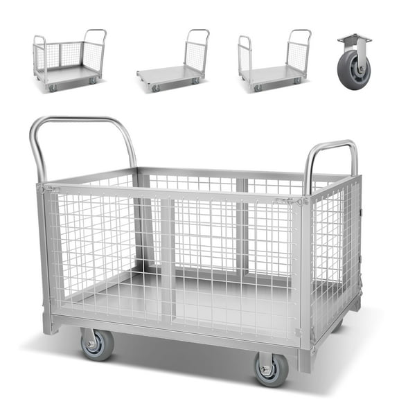 5-in-1 Multifunctional Heavy - Duty Wire Mesh Cage Cart,Functional Cage Cart with 360 Rotating Wheels, 2200 LBS Load Capacity Truck Flat Cart , Ideal for Warehouse, Market & Home Use