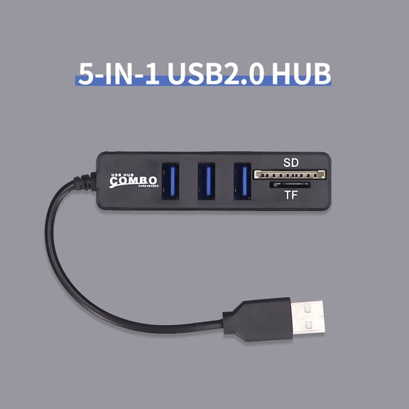 5-in-1 Multifunctional USB 2.0 Hub - Portable Data Transfer & Card Reader for Laptop, Keyboard, Mouse, and Hard Drive - Black