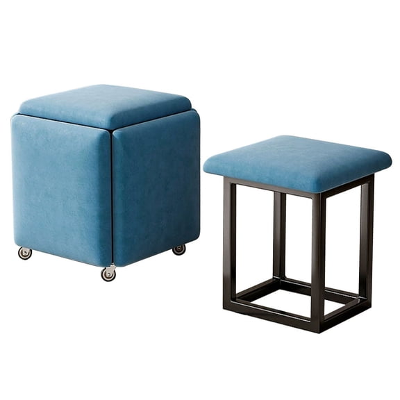 5 in 1 Nesting Cube Stools Ottoman Stool with Swivel Casters Velvet Seating Stackable Sofa Chairs,Metal Frame Foot Rest for Living Room,Bedroom