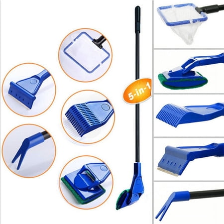5 in 1 Pool Cleaning Tools Fish Net Gravel Rake Algae Scraper Fork Sponge Brush Glass Cleaner
