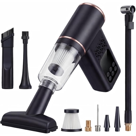5-in-1 Portable Tire Inflator and Car Vacuum Cordless, 150PSI Smart Air Compressor with Auto Shut-Off, Powerful Suction Handheld Vacuum for Pet Hair, Blower Function, LED Light