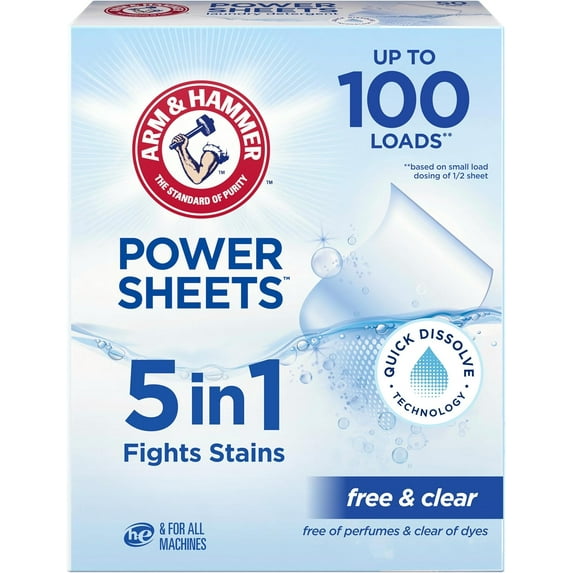 5in1 Power Sheets Laundry Detergent, Free & Clear, 50 Count, up to 100 Small Loads