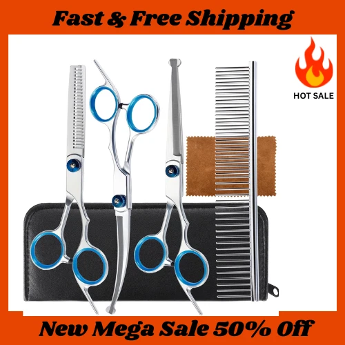 5 in 1 Premium Dog Grooming Scissors Kit with Safety Tips, Stainless Steel Shear